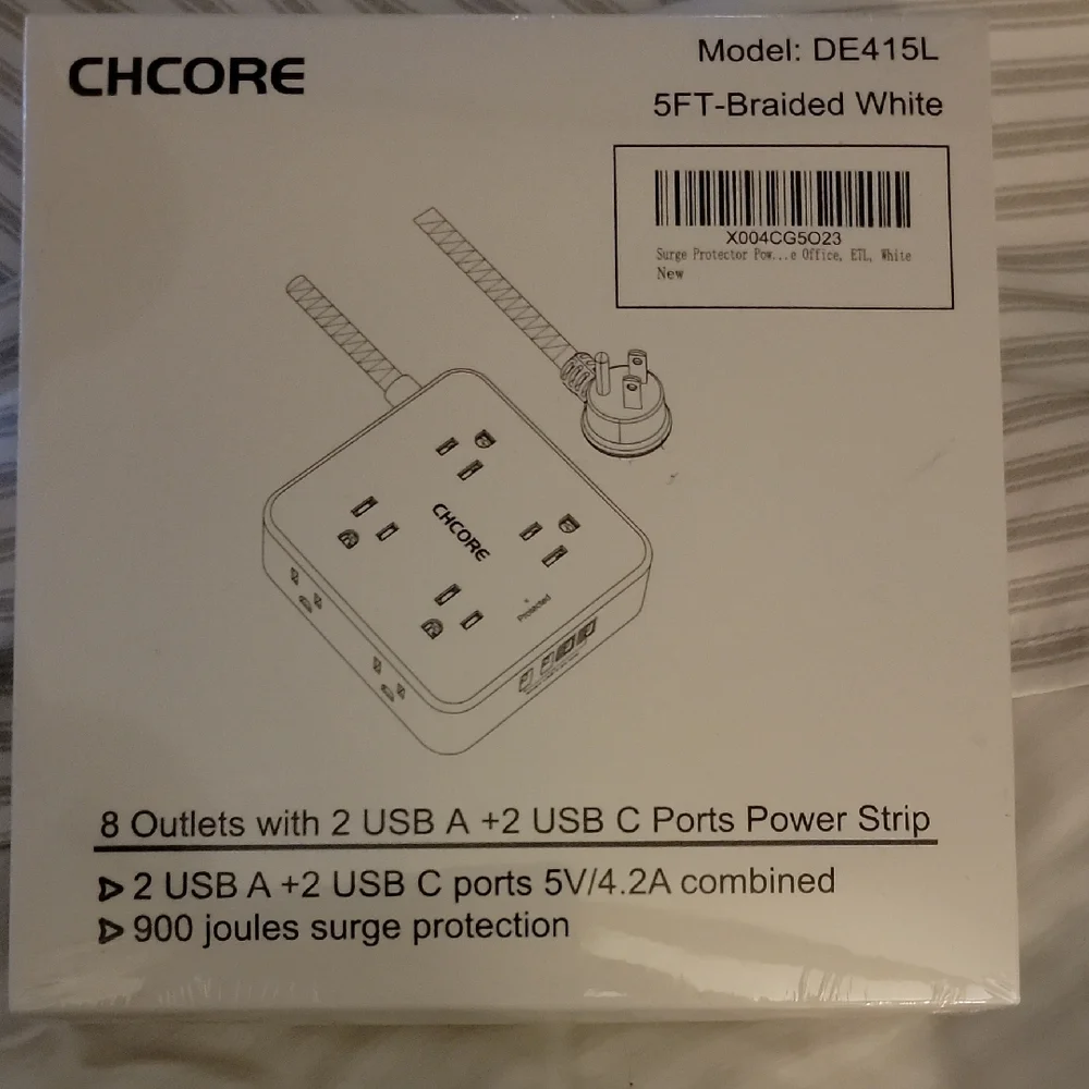 White 5FT-Braided Power Strip with USB Ports